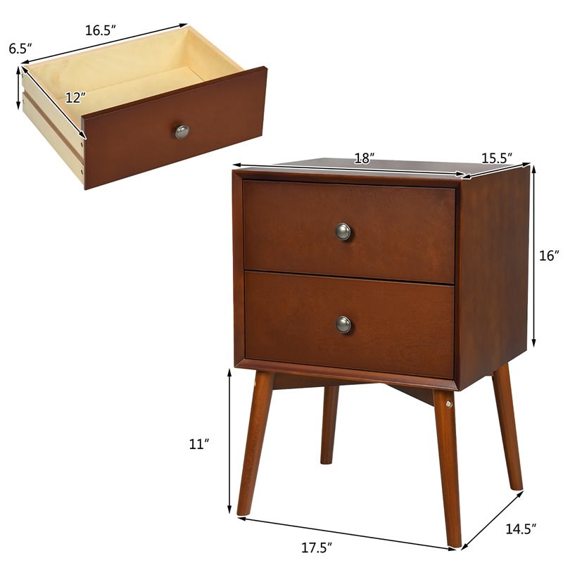 Costway 2-drawer Contemporary MDF and Rubber Wood Nightstand in Brown