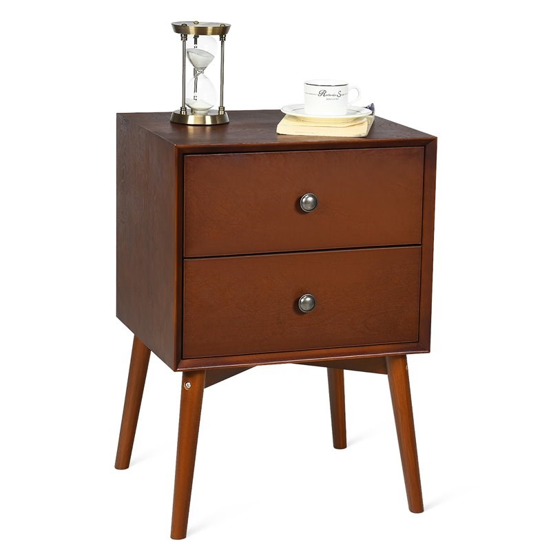 Costway 2-drawer Contemporary MDF and Rubber Wood Nightstand in Brown
