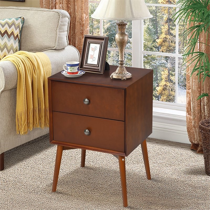 Costway 2-drawer Contemporary MDF and Rubber Wood Nightstand in Brown