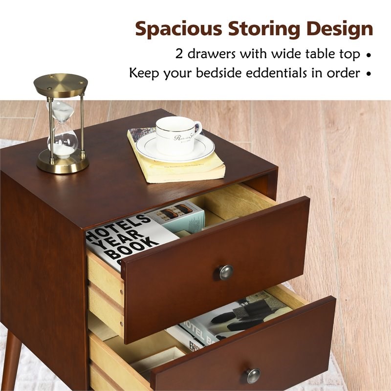 Costway 2-drawer Contemporary MDF and Rubber Wood Nightstand in Brown