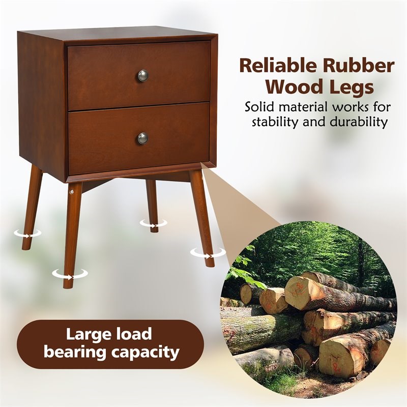 Costway 2-drawer Contemporary MDF and Rubber Wood Nightstand in Brown