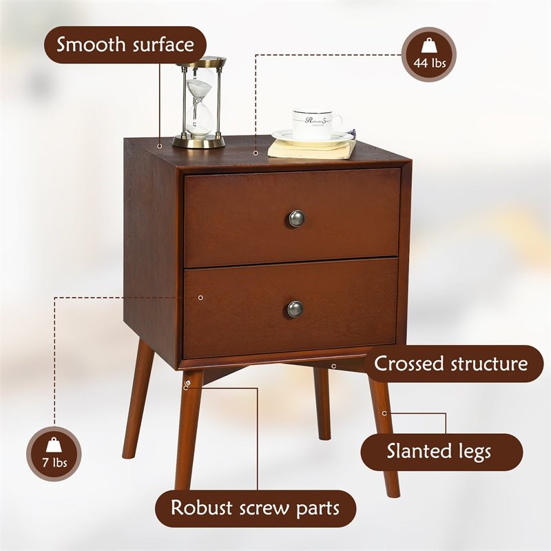 Costway 2-drawer Contemporary MDF and Rubber Wood Nightstand in Brown