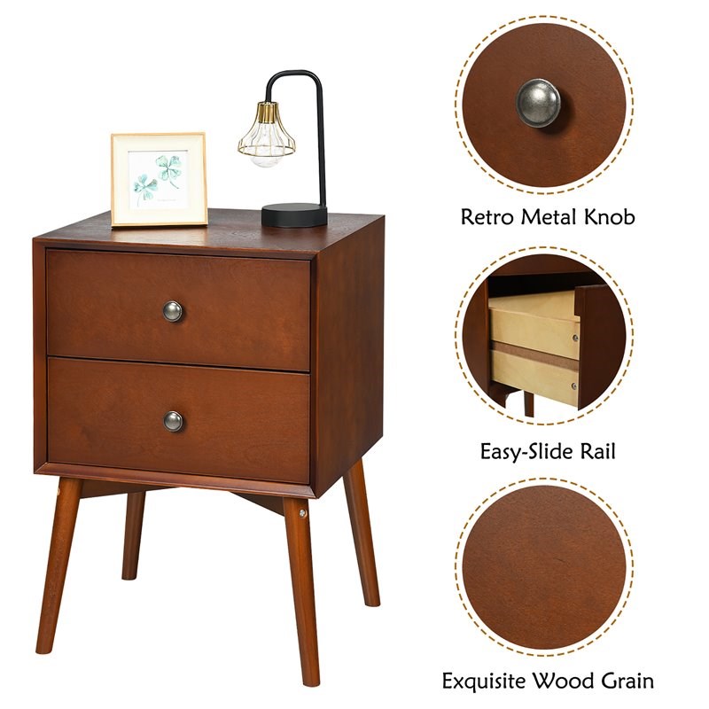 Costway 2-drawer Contemporary MDF and Rubber Wood Nightstand in Brown
