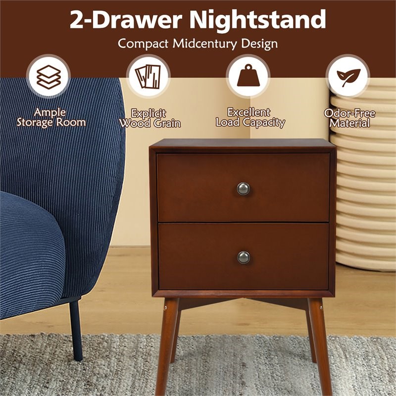 Costway 2-drawer Contemporary MDF and Rubber Wood Nightstand in Brown