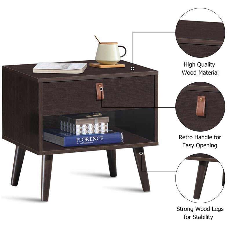 Costway Contemporary Chipboards and MDF Multifunctional Nightstand in Espresso