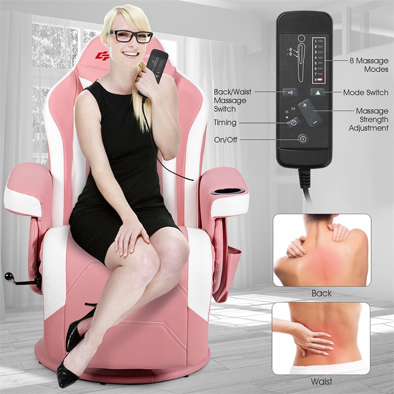 Costway PU Leather and Iron Swivel Massage Gaming Chair with Pillow in Pink