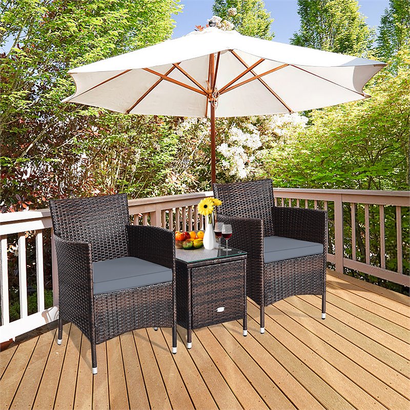Costway 3-piece PE Rattan Outdoor Wicker Furniture Sets Chairs in Gray