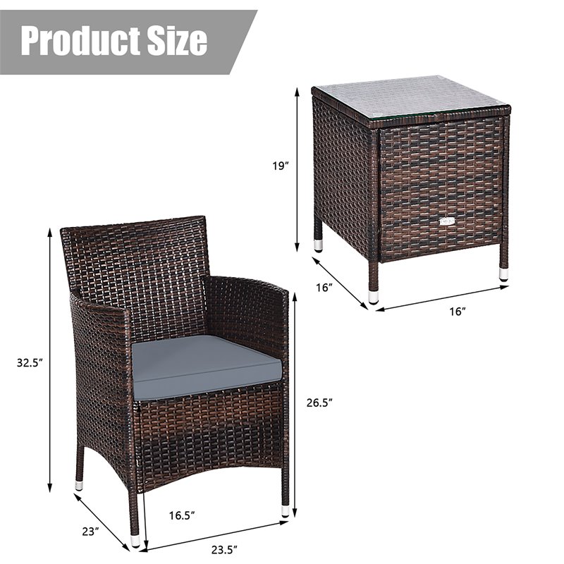 Costway 3-piece PE Rattan Outdoor Wicker Furniture Sets Chairs in Gray