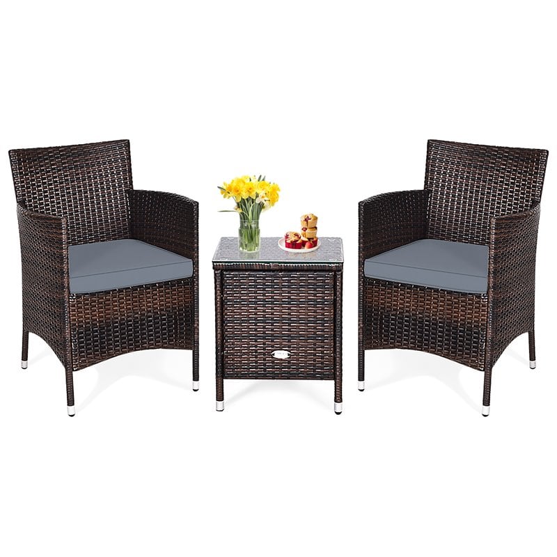 Costway 3-piece PE Rattan Outdoor Wicker Furniture Sets Chairs in Gray