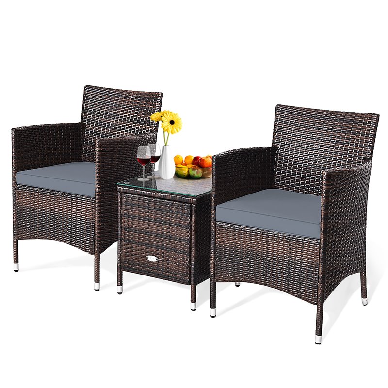 Costway 3-piece PE Rattan Outdoor Wicker Furniture Sets Chairs in Gray