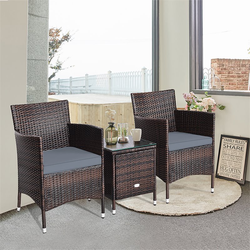 Costway 3-piece PE Rattan Outdoor Wicker Furniture Sets Chairs in Gray
