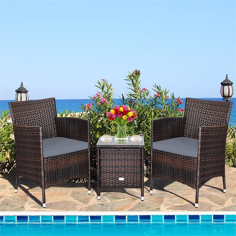 Costway 3-piece PE Rattan Outdoor Wicker Furniture Sets Chairs in Gray