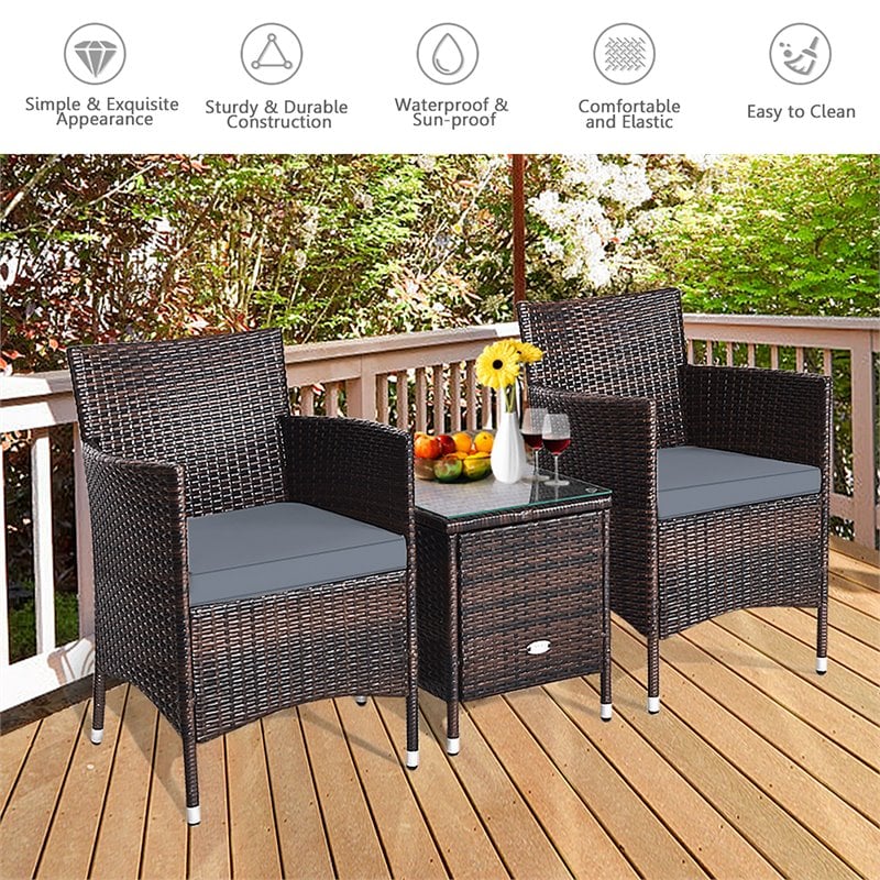 Costway 3-piece PE Rattan Outdoor Wicker Furniture Sets Chairs in Gray