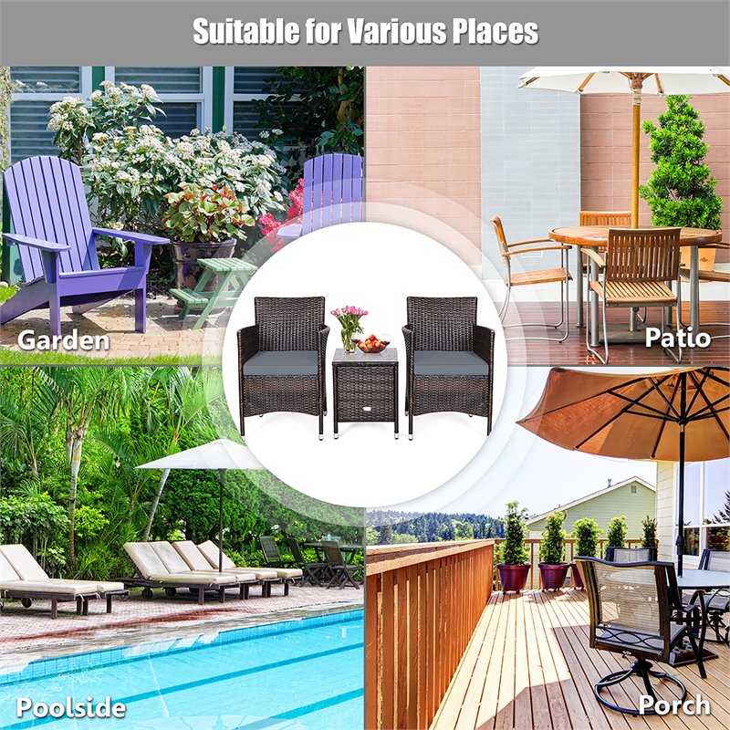 Costway 3-piece PE Rattan Outdoor Wicker Furniture Sets Chairs in Gray