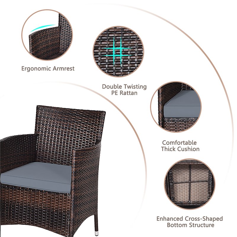 Costway 3-piece PE Rattan Outdoor Wicker Furniture Sets Chairs in Gray
