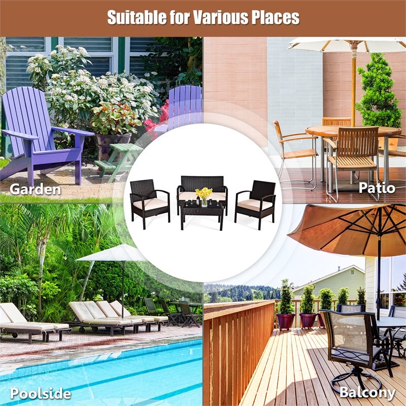 Costway 4-piece PE Rattan Patio Furniture Set with Cushioned Seat in Brown