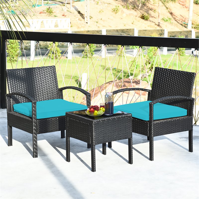 Costway 3-piece Rattan Patio Furniture Set with Seat Cushions in Turquoise