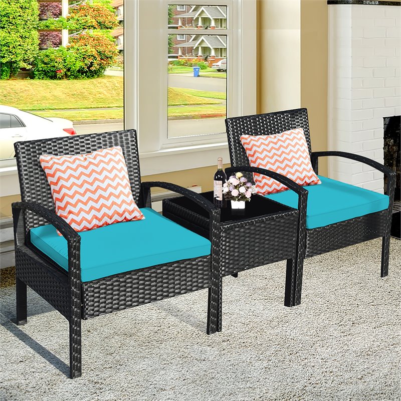 Costway 3-piece Rattan Patio Furniture Set with Seat Cushions in Turquoise