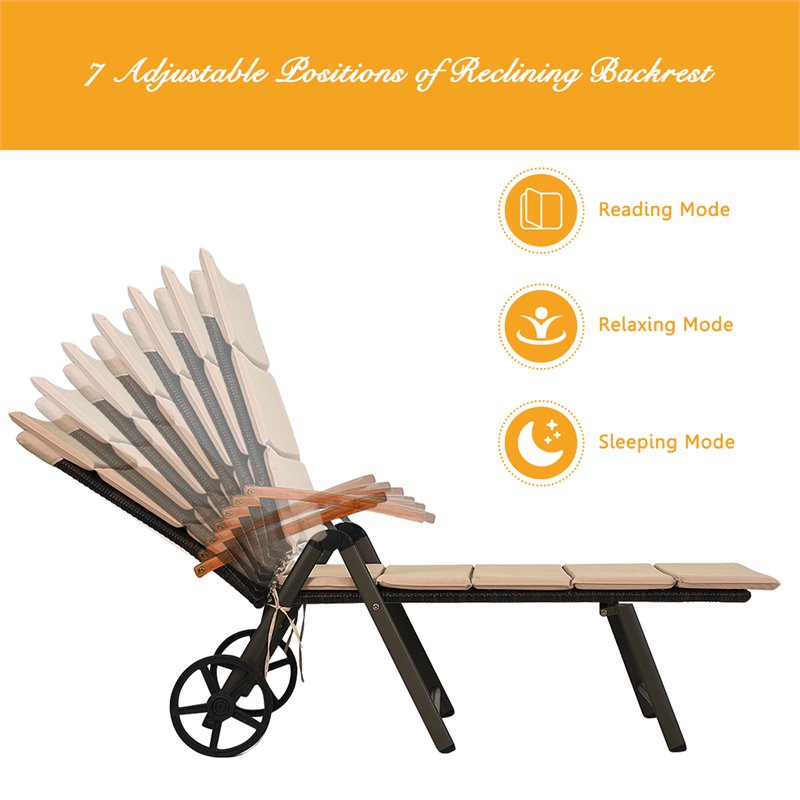 Costway Aluminum Rattan Patio Lounger Recliner Chair with Wheels in Brown