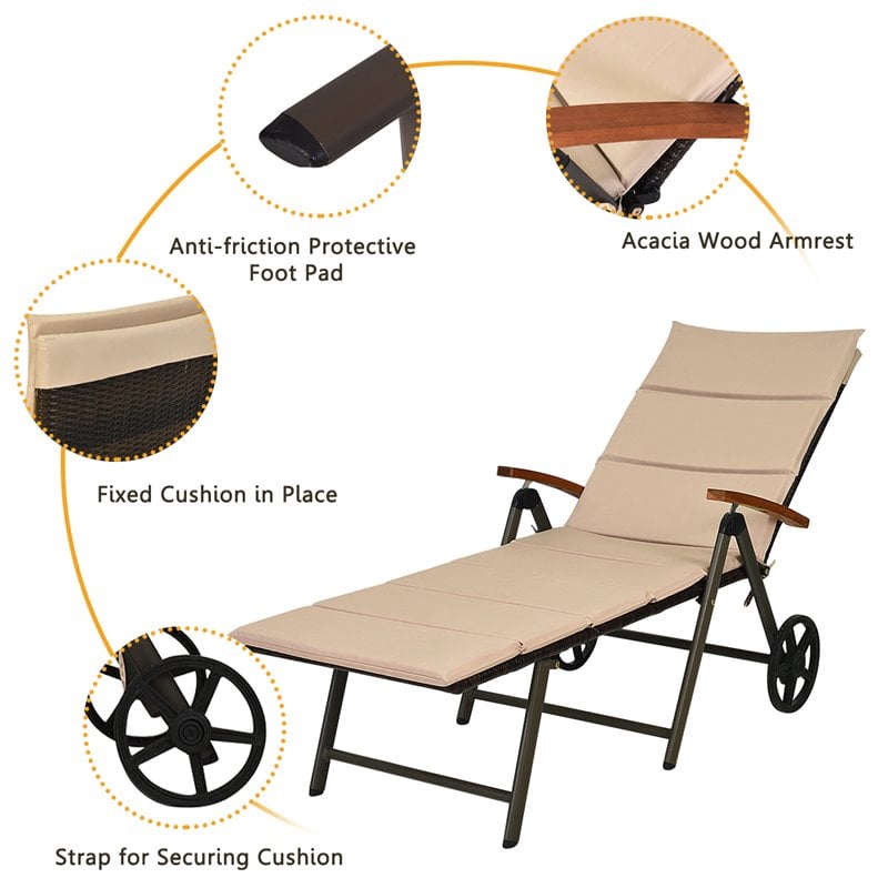 Costway Aluminum Rattan Patio Lounger Recliner Chair with Wheels in Brown