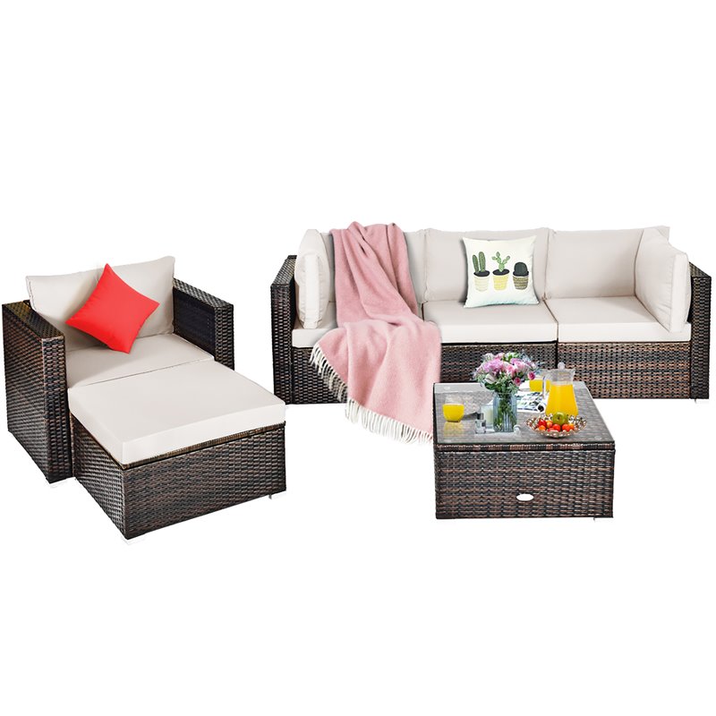 Costway 6-piece Rattan Patio Furniture Set with Sponge Padded Cushions in White