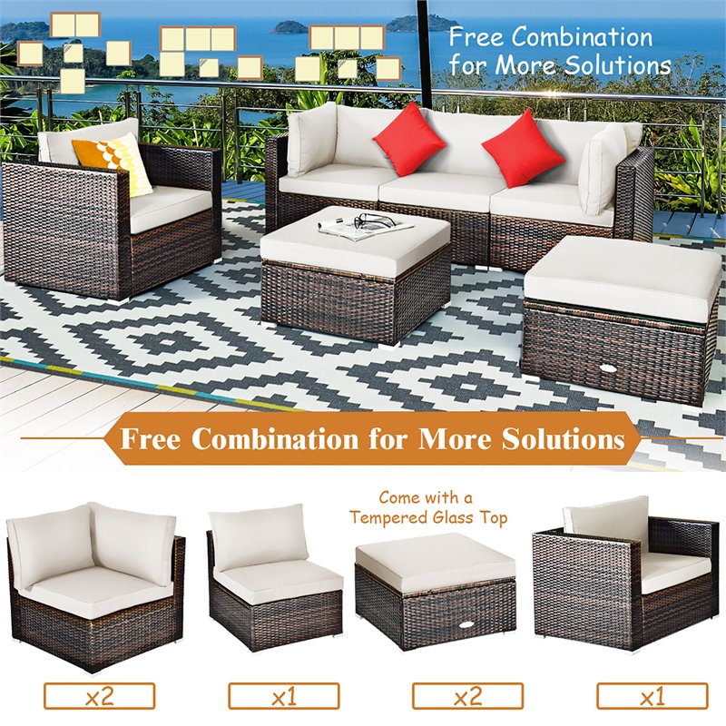 Costway 6-piece Rattan Patio Furniture Set with Sponge Padded Cushions in White