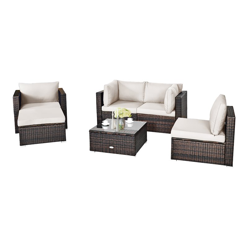 Costway 6-piece Rattan Patio Furniture Set with Sponge Padded Cushions in White