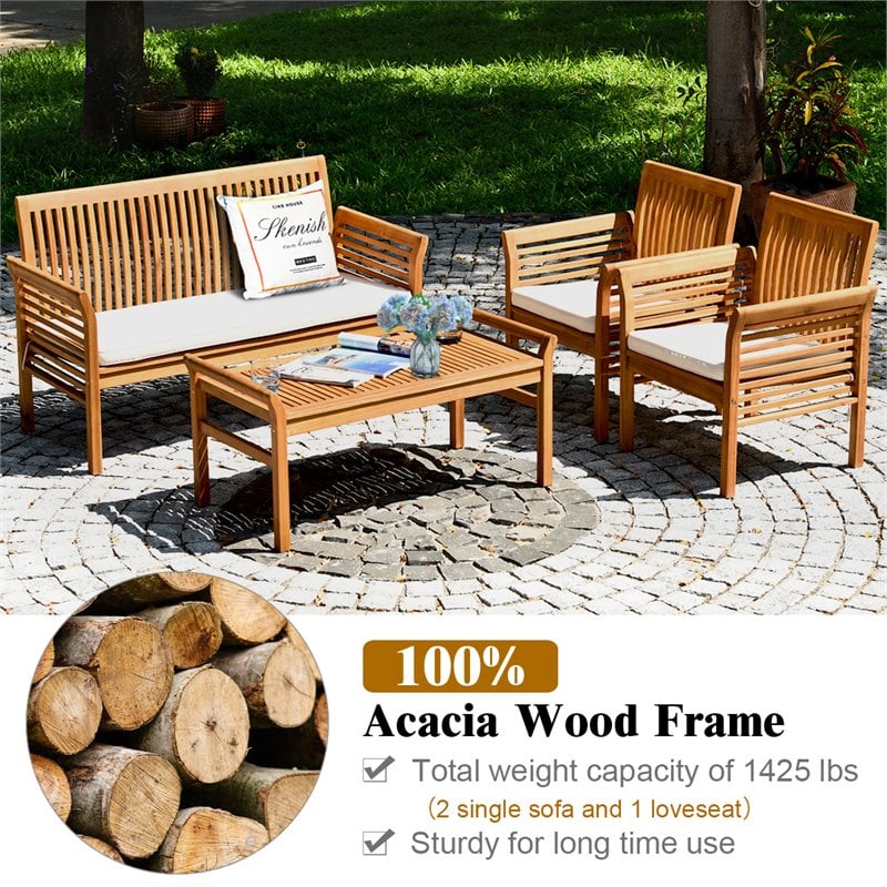Costway 4-piece Wood Outdoor Sofa Furniture Set with Coffee Table in Natural