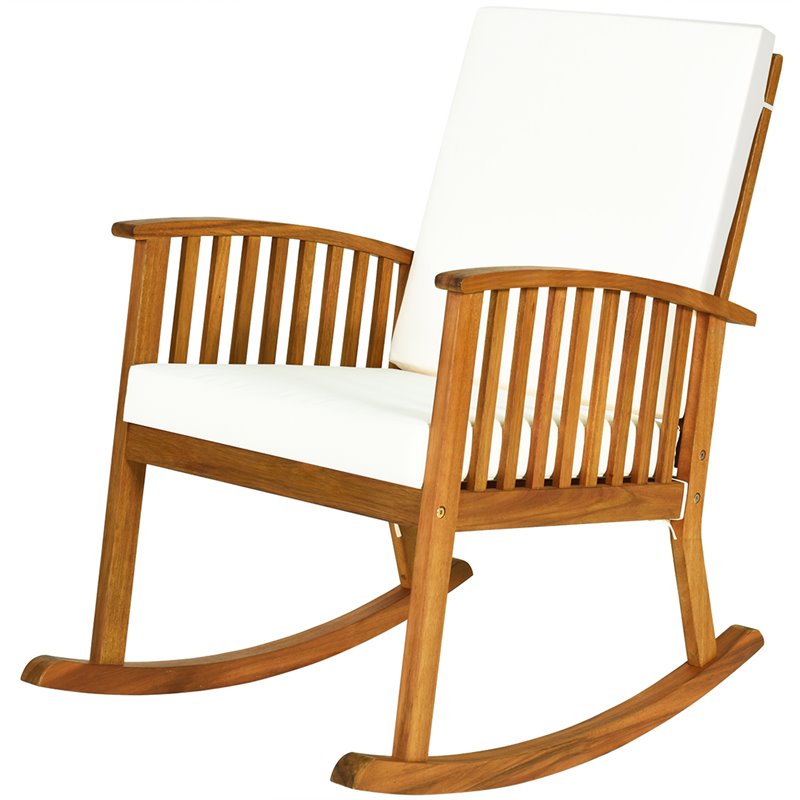 Costway Contemporary Acacia Wood Patio Rocking Chair with Cushion in Natural