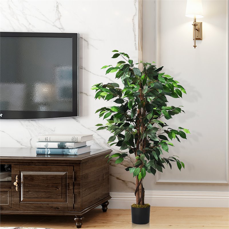 Costway 4-feet Contemporary Polyester Fabric Artificial Ficus Silk Tree in Green
