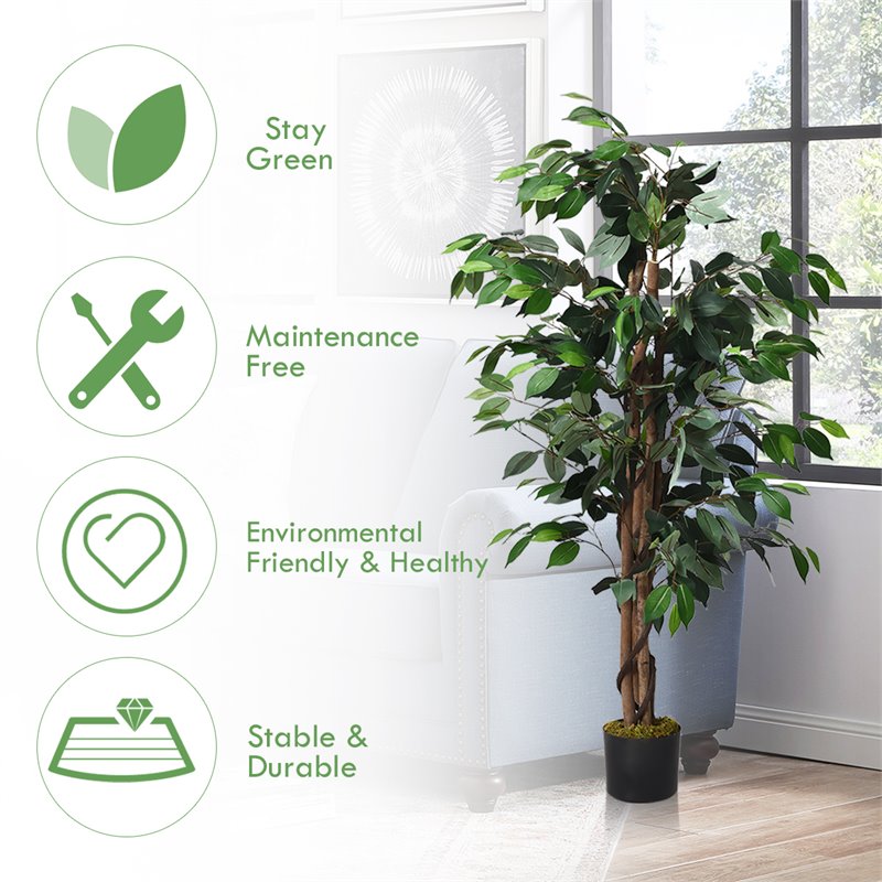 Costway 4-feet Contemporary Polyester Fabric Artificial Ficus Silk Tree in Green