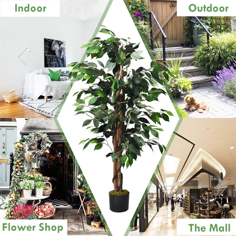 Costway 4-feet Contemporary Polyester Fabric Artificial Ficus Silk Tree in Green