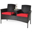 Costway Rattan Steel Patio Loveseat Sofa Set with 2 Thick Cushions in Red