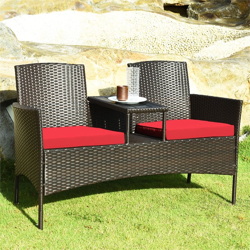 Costway Rattan Steel Patio Loveseat Sofa Set with 2 Thick Cushions in Red