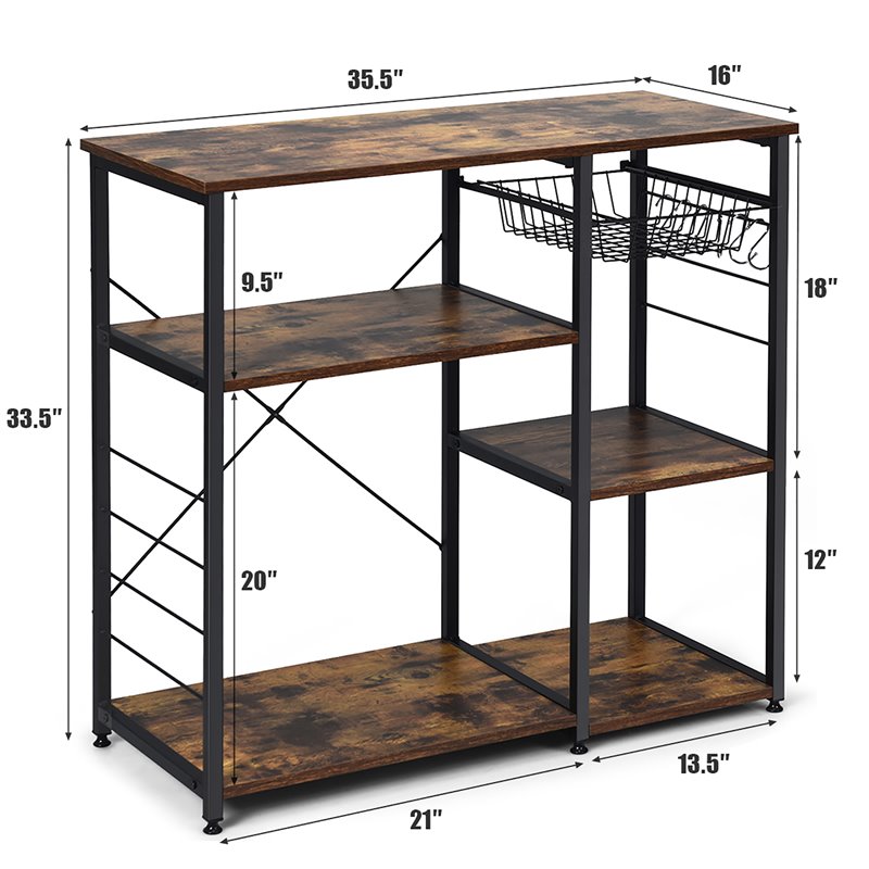 Costway Engineered Wood and Steel Kitchen Baker's Rack with 6 Hooks in Black