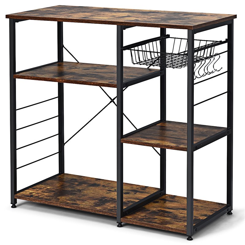 Costway Engineered Wood and Steel Kitchen Baker's Rack with 6 Hooks in Black