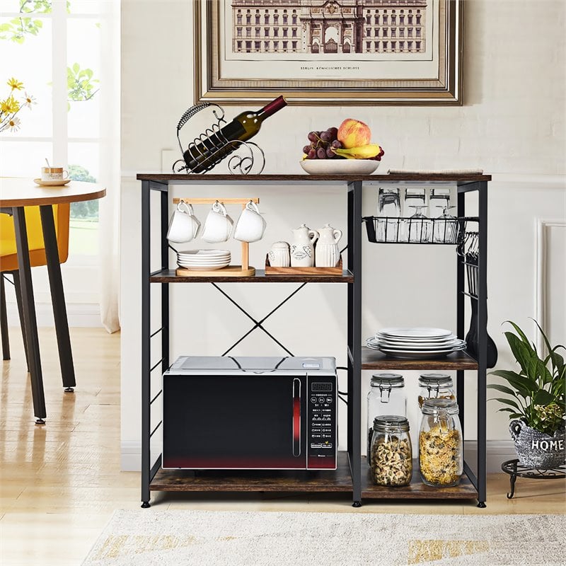Costway Engineered Wood and Steel Kitchen Baker's Rack with 6 Hooks in Black