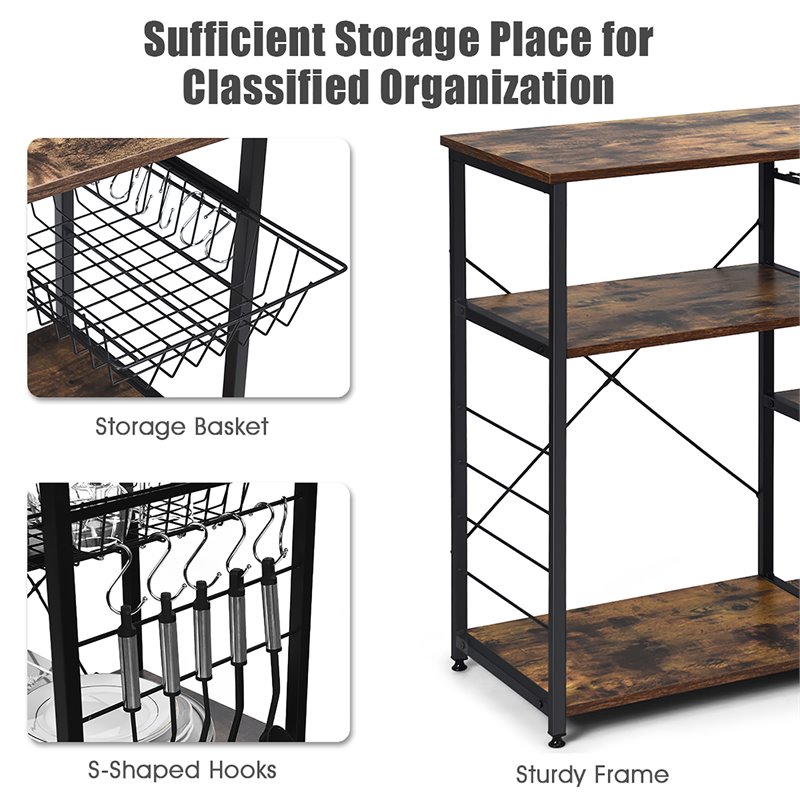 Costway Engineered Wood and Steel Kitchen Baker's Rack with 6 Hooks in Black