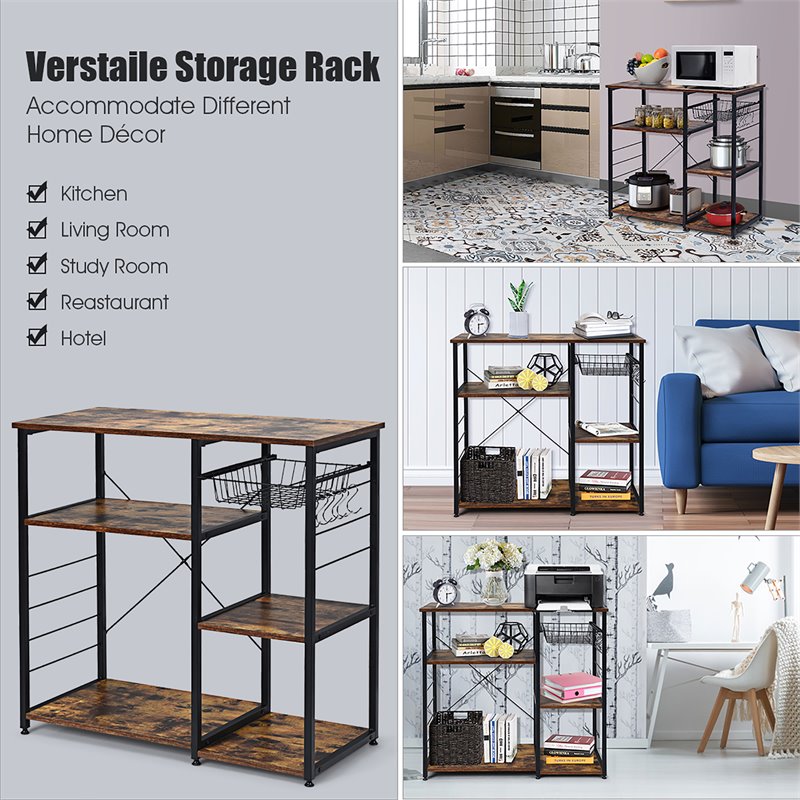 Costway Engineered Wood and Steel Kitchen Baker's Rack with 6 Hooks in Black