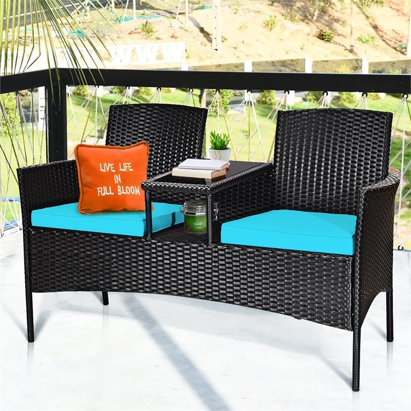 Costway Rattan and Metal Cushioned Seat Patio Conversation Set in Turquoise