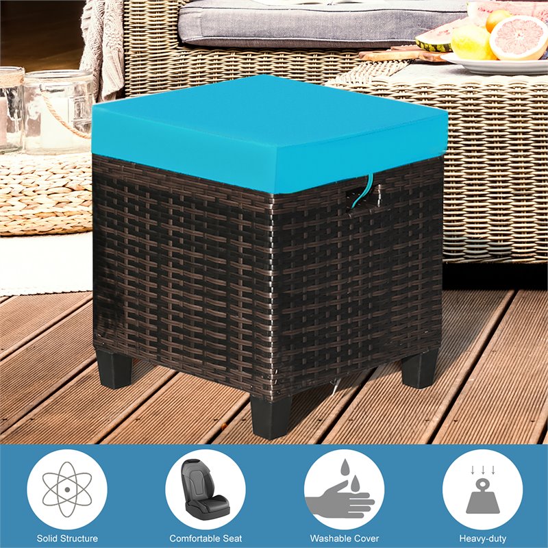 Costway Rattan Cushioned Seat Patio Rattan Ottoman in Turquoise (Set of 2)