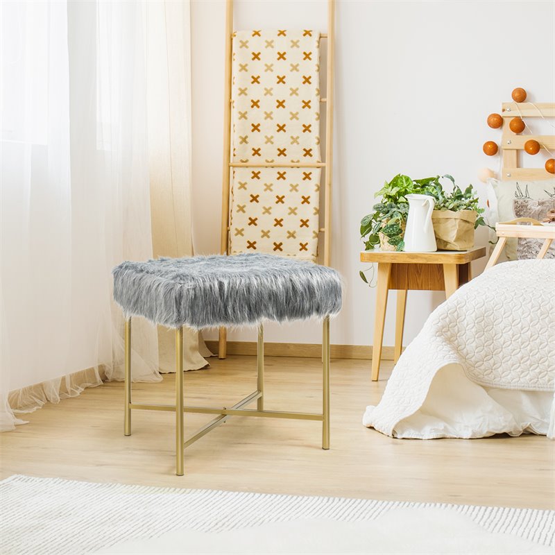 Costway Contemporary Faux-Fur Plush Footrest Stool with Metal Legs in Gray