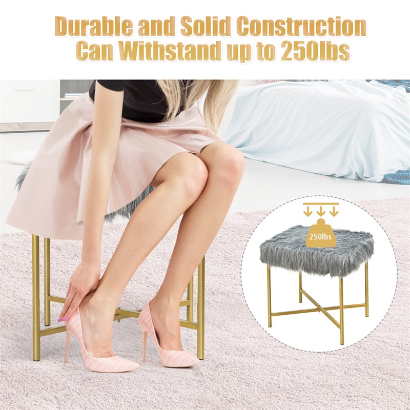 Costway Contemporary Faux-Fur Plush Footrest Stool with Metal Legs in Gray