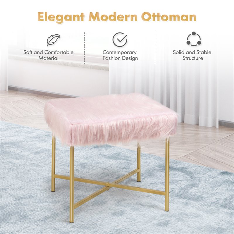 Costway Contemporary Faux-Fur Plush Footrest Stool with Metal Legs in Pink