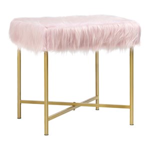 Costway Contemporary Faux-Fur Plush Footrest Stool with Metal Legs in Pink