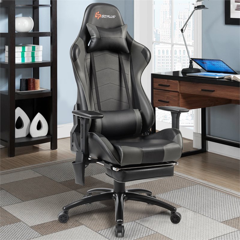 Costway PU and Iron Adjustable Massage Gaming Chair with Headrest in Gray