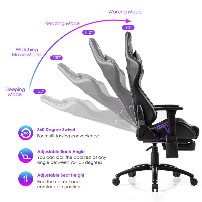 Costway PU and Iron Adjustable Massage Gaming Chair with Headrest in Gray