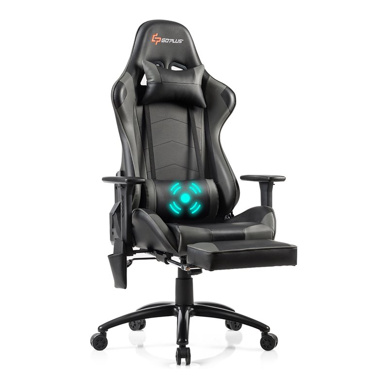 Costway PU and Iron Adjustable Massage Gaming Chair with Headrest in Gray