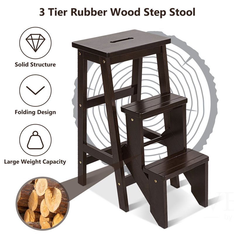 Costway 3-tier Contemporary Rubber Wood Portable Folding Step Stool in Coffee