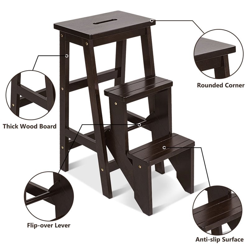 Costway 3-tier Contemporary Rubber Wood Portable Folding Step Stool in Coffee